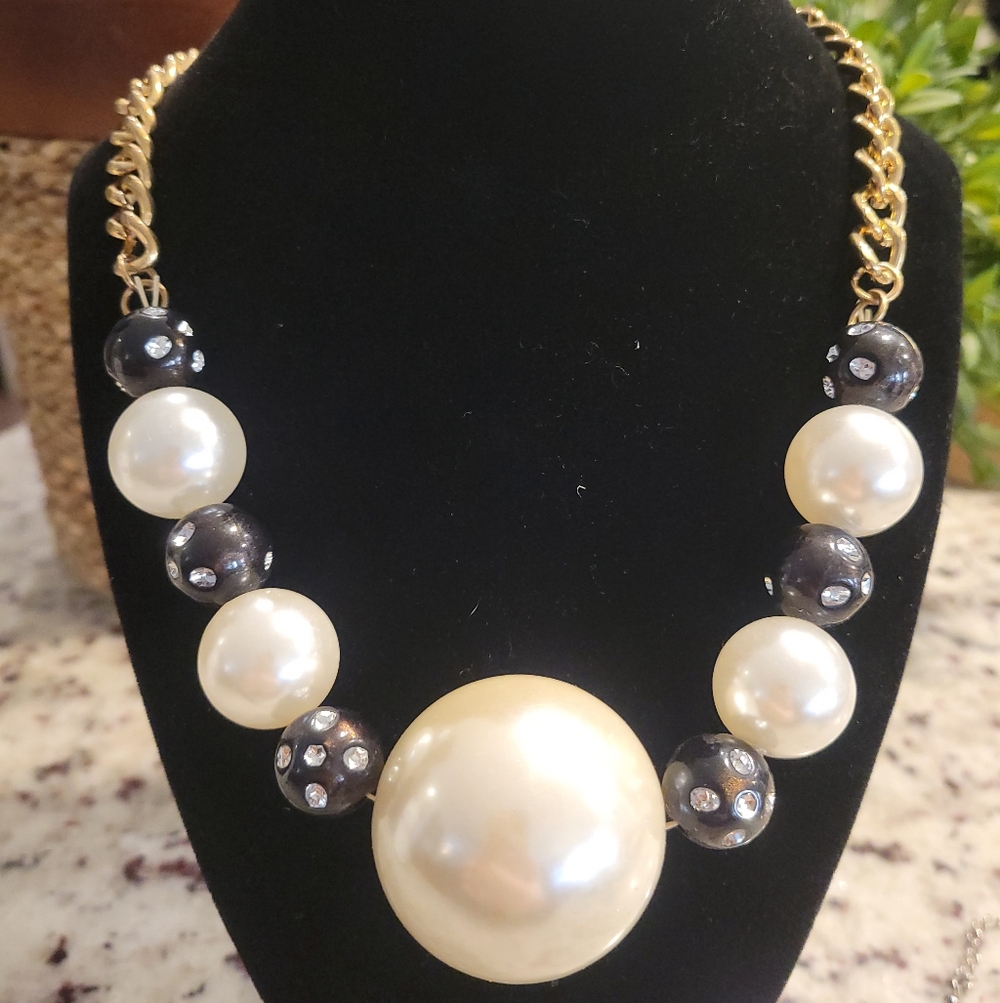 Gold and Black Rhinestone Encrusted Pearl Necklace
